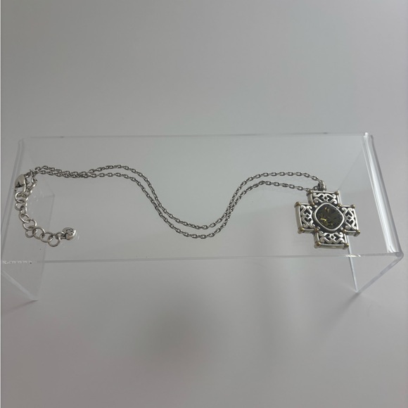 Brighton Deauville Silver and Gold Cross Necklace with Green Gem - Picture 2 of 5